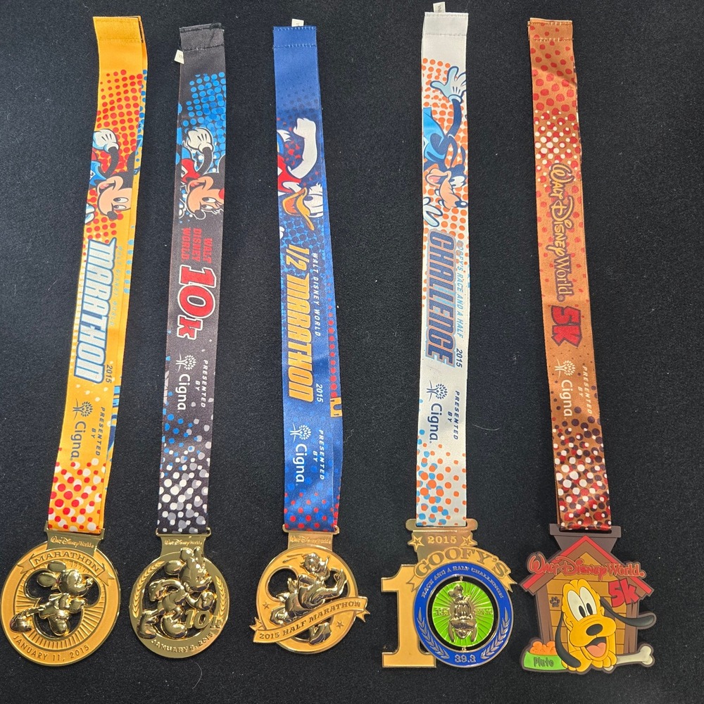 Walt Disney World 2015 Marathon Medals x5 Set: 5K 10K Half Full Goofy Challenge